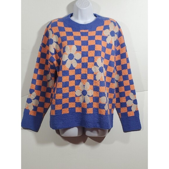 Davi & Dani Size Med Soft Floral Checked Long Sleeve Sweater Orange Blue - Picture 1 of 11